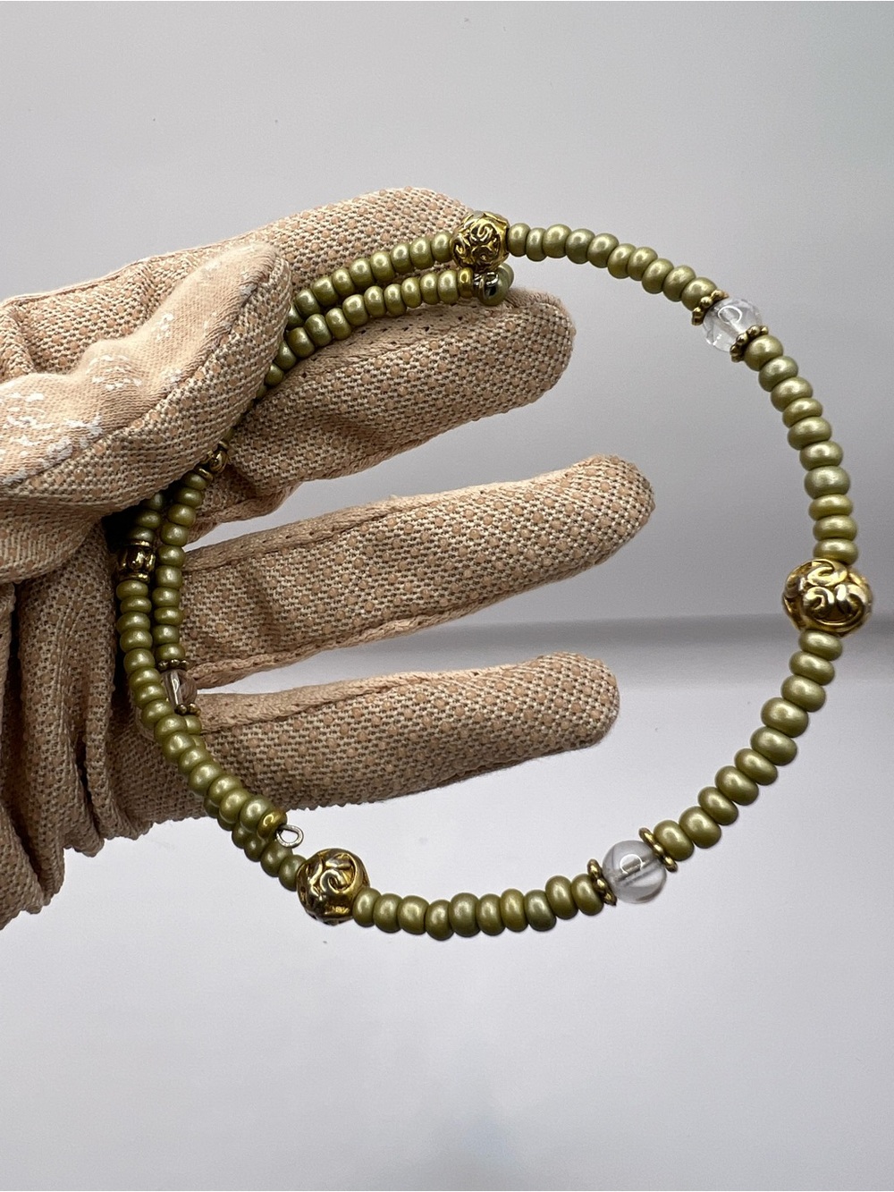 Vintage Boho Olive Green and Gold Memory Wire Coil Wrap Bracelet